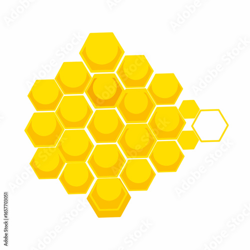 A vibrant yellow honeycomb pattern composed of interlocking hexagonal cells, with a few cells missing on the right side, creating an open, abstract design.