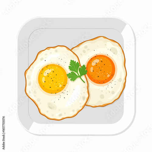 Two perfectly cooked fried eggs with vibrant yolks and black pepper, garnished with fresh parsley on a square plate.
