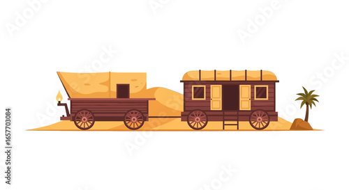 Nomadic Caravans: A journey through time with wagons in a desert landscape capturing the essence of early nomadic travels representing cultural