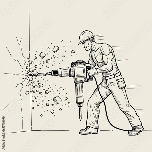 A determined construction worker powerfully operates a heavy jackhammer, breaking apart a sturdy concrete wall, generating significant debris and visible cracks.