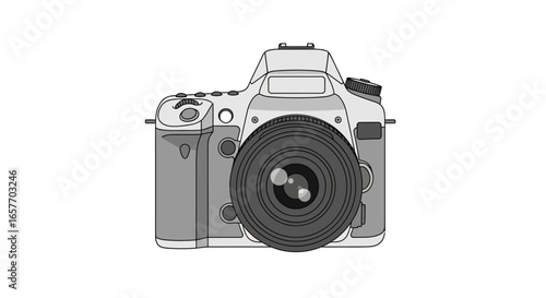 Detailed line art depicting a professional digital single-lens reflex camera with precision engineering showcasing intricate components and design