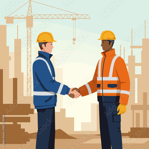 Two diverse construction workers in hard hats and safety gear shake hands, symbolizing a successful partnership and agreement on a bustling building site.