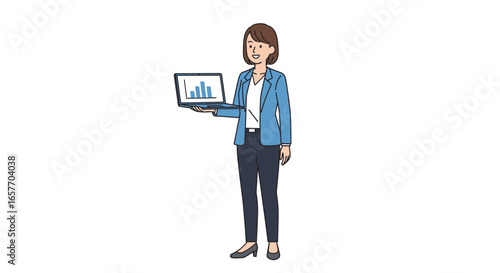 Professional woman holding laptop displaying financial data, demonstrating business analytics and insights with graphical representation of market