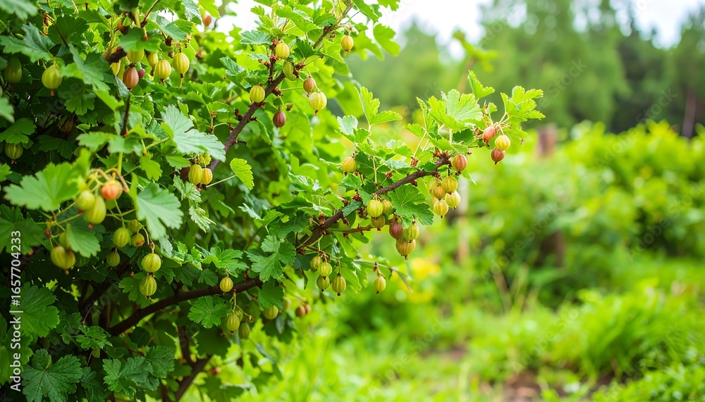 Obraz premium A close-up view of a gooseberry bush laden with ripe, green fruit, situated outdoors.
