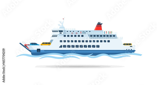 Vector illustration of a passenger car ferry at sea transporting vehicles and people across the waterscape with ripple effects in a marine environment