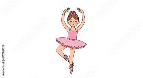 A young ballerina, standing en pointe, gracefully poses with arms raised, wearing a pink tutu.
