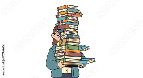 Cartoon character carrying a towering stack of books.