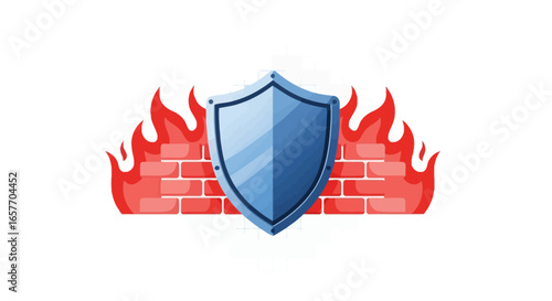 A shield protecting a brick wall from engulfing flames symbolizing cybersecurity defense and robust internet security posture for digital assets