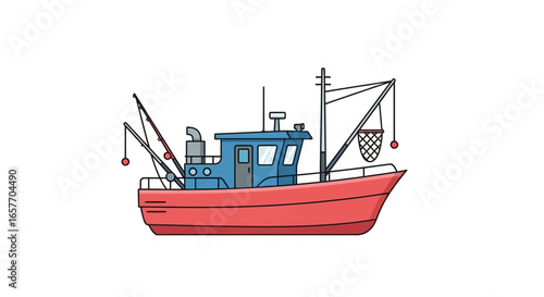 Vibrant Fishing Vessel: A Nautical Illustration of a Traditional Commercial Trawler Navigating the Open Waters with its distinctive Red Hull and