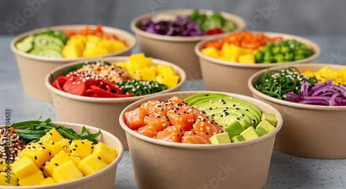Various poke bowls with salmon, tuna, avocado and mango on a gray table