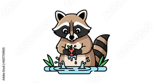 Cartoon raccoon washing a juicy apple in clear water puddle near green plants in bright daylight scene isolated on white backdrop