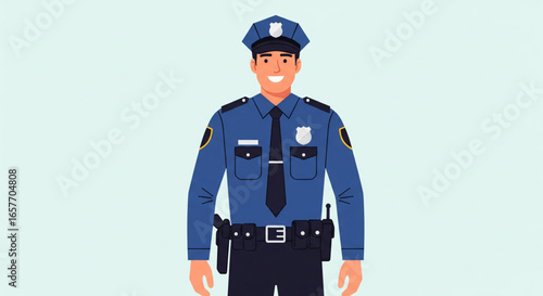 A smiling police officer stands confidently, wearing a uniform, ready for duty.