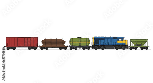 Illustration of a freight train with various wagons hauling goods across the countryside with its detailed design and vibrant color palette