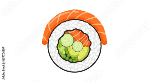 Delicious sushi roll with fresh salmon, avocado, and cucumber on white background, showcasing food illustration, ideal for asian cuisine concept art