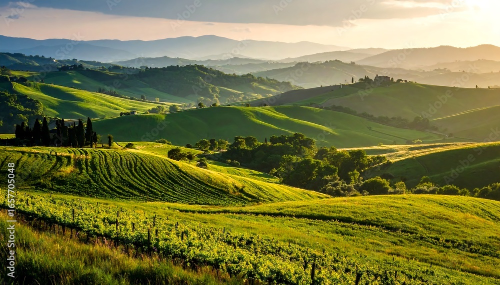 Fototapeta premium Rolling hills of Tuscany at dawn, showcasing vibrant green fields and vineyards, a peaceful landscape bathed in golden sunlight.