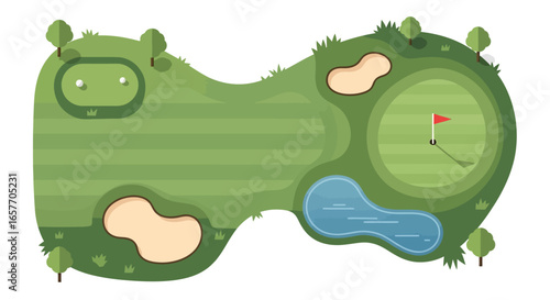 Lush golf course illustration showcasing tee box, fairway, green with flag, water hazard and sand traps in a minimal style