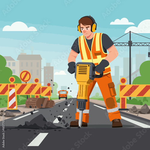 A dedicated construction worker diligently operates a powerful jackhammer, breaking up asphalt on a busy urban road during essential infrastructure repair.