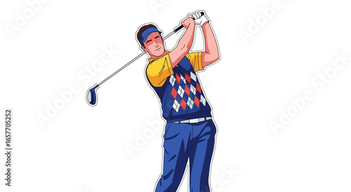 Animated Golf Player Illustration Executing a Powerful Swing with Precision and Style for Sport and Recreation concepts