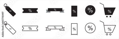 Discount and sale percentage icons set. Collection of black icons featuring percentage signs in tickets, speech bubbles, stars, and shopping symbols representing discounts and promotions.
