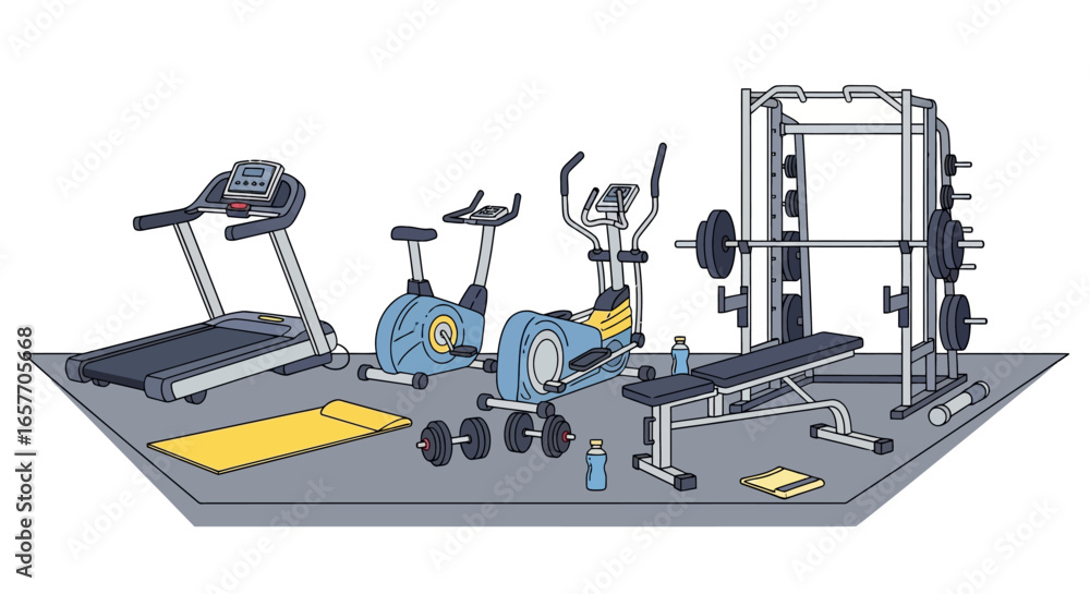 Gym equipment setup featuring a treadmill, stationary bike, elliptical machine, weight rack, and dumbbells, fitness center configuration, workout Gym equipment setup featuring a treadmill, stationary bike, elliptical machine, weight rack, and dumbbells, fitness center configuration, workout