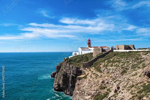 Lighthouse at Cabo de Sao Vicente, Algarve, Portugal. Cape of St. Vincent, the extreme southwesternmost point in Europe