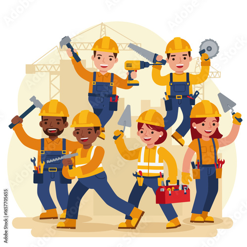 A diverse group of cheerful construction workers, including men and women from various backgrounds, proudly display their essential tools on a busy building site.