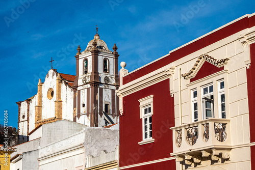 View of modern and historic buildings in the center of Silves, Algarve region, Portugal.