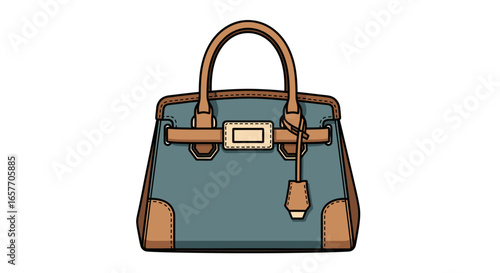 Stylish Handbag Illustration Featuring Teal Fabric and Tan Leather Accents, Evoking Fashion and Elegance, With Clean Lines and Sophisticated Aesthetic