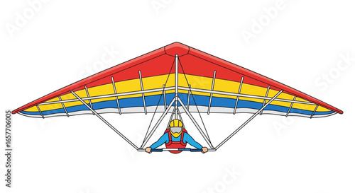 Illustration of a hang glider with red, yellow, and blue wings soaring through the sky gracefully, carrying a pilot, depicting freedom and adventure
