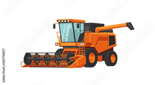Modern orange combine harvester illustration depicting agricultural machinery and equipment for crop harvesting in the field