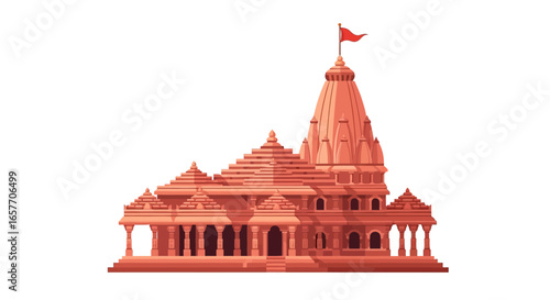Detailed illustration of a traditional Hindu temple with intricate architectural features and a prominent flag atop the main spire symbolizing