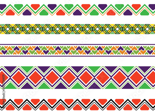 Collection of five colorful ethnic decorative borders with geometric patterns