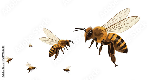 Delicate Illustration Showcasing Honey Bees in Flight, Highlighting Their Crucial Role in the Pollination Process and Ecosystem Sustainability