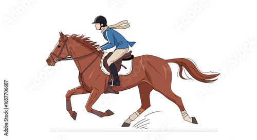 Equestrian motion elegance, a hand-drawn illustration capturing the energy of horse riding and the harmony between the rider and animal, creating a