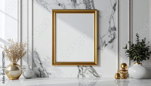 A luxurious interior scene featuring a gold framed artwork against a marble wall with decorative elements.