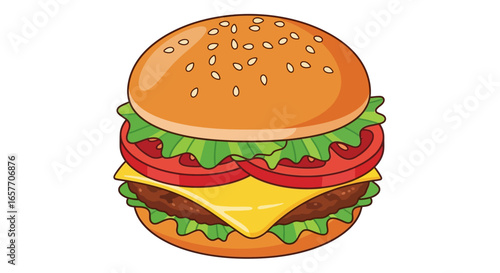 Cartoon Cheeseburger Illustration with Fresh Ingredients and Sesame Seeds on the Bun Delightful Fast Food Graphic Depiction for Creative Projects