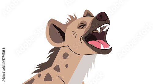 Expressive cartoon hyena portrait with mouth wide open in a laughter pose on plain white background isolated creating humorous and cheerful vibes