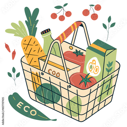 Colorful market basket filled with fresh produce and eco friendly items