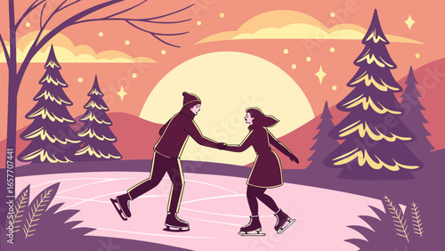 A young couple ice skating hand in hand under a glowing moon amidst a winter landscape.