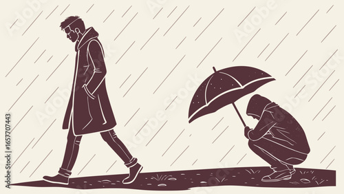 A young couple in a rainy illustration, with a man walking past a woman sitting under an umbrella.
