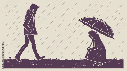 A man walks past a figure huddled under an umbrella in the rain, representing solitude and disconnection.
