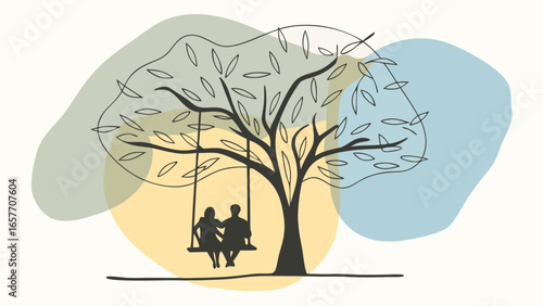 A romantic silhouette of a couple sitting on a swing under a tree, surrounded by soft pastel colors.