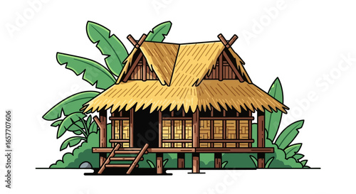 Charming tropical thatched roof hut amidst lush greenery, evoking serenity and island lifestyle in a vibrant illustration style