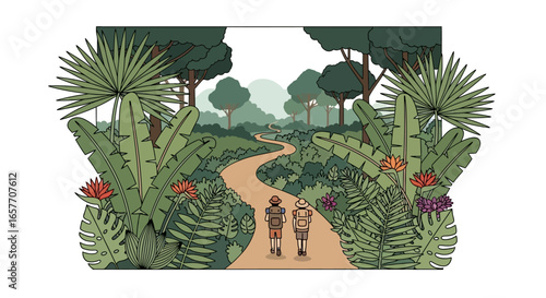 Adventurous trekking through the vibrant jungle scenery with lush vegetation and flowers creating a captivating trail illustration