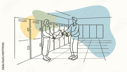 A man and a woman exchanging a letter in a hallway with lockers, conveying a sense of connection and communication.