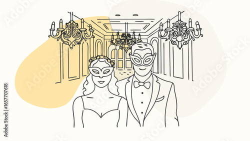 Elegant masked couple in formal attire enjoying a grand evening indoors.