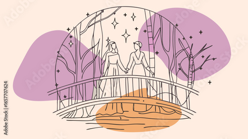 Two women in elegant dresses hold hands on a whimsical bridge, surrounded by stylized trees and stars under a soft pastel backdrop.