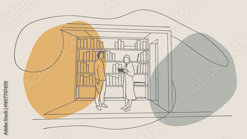 A man and woman engaged in conversation in a modern library setting, surrounded by bookshelves filled with literature.