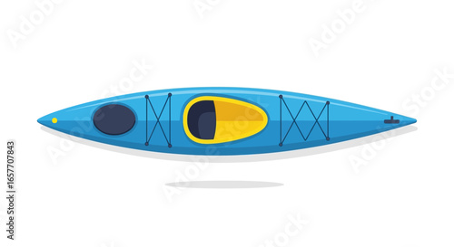 Serene watersport vector illustration of a blue and yellow kayak for outdoor adventure, boating, and leisure activities showcasing minimalistic design