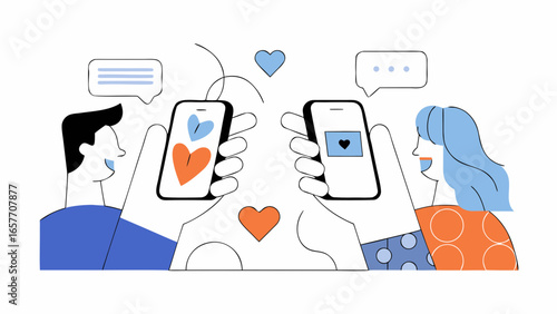 Two diverse individuals engaging in a lively conversation through their smartphones, exchanging hearts and animated messages.